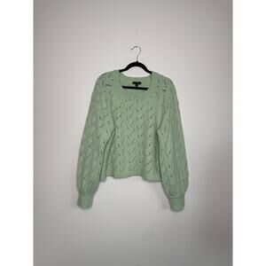 J.Crew Mint Green Pointelle Knit Sweater XL Balloon Sleeve Spring Cottagecore